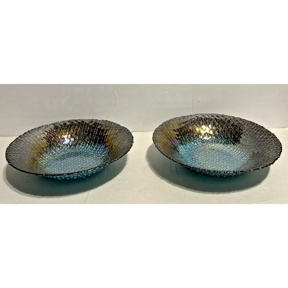 Art Glass Turkish Round Iridescent Multicolored Waffle Bowl Set Of 2 Goofus 8.5